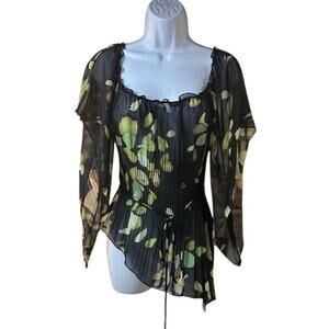 Georgiou Studio Sheer Floral Chiffon Pleated Blouse Asymmetrical Hem Top Boho XL